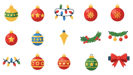 A colorful icon set of Christmas Day decorations, featuring ornaments, garlands, and bows on a white background with a festive mood, captured in a flat lay composition.
