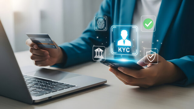 Person completing secure online kyc verification with smartphone and credit card