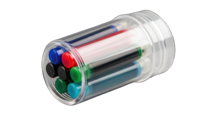 Colorful markers in transparent cylinder isolated on transparent background