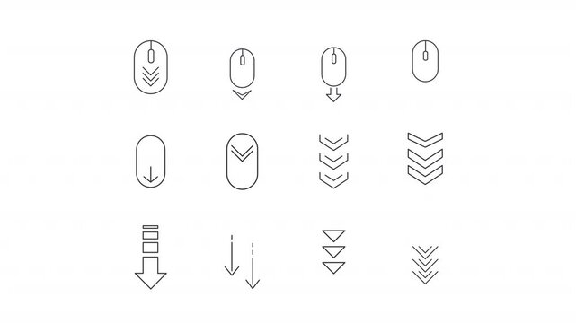 Scroll down line animation set. Page navigation animated icons. User interface, scroll indicator. Computer mouse, mobile swipe. Outline elements on white background. HD video with alpha channel
