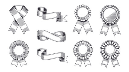 Eight hand drawn outline banners and awards featuring different ribbon shapes and prize rosette designs