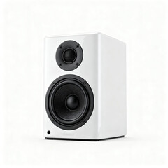 Fototapeta premium A white active studio monitor speaker, ideal for audio production, music playback, and studio monitoring. Features a compact design with dual drivers for balanced sound.