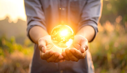 Cupped hands holding glowing green energy light at sunset.