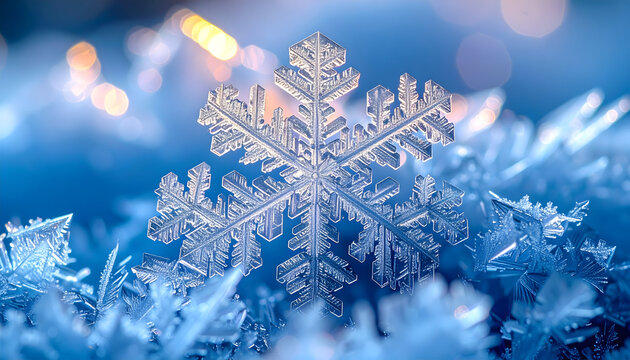 Macro snowflake crystal detail on icy frost.