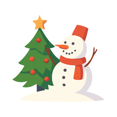 Cute Snowman with Christmas Tree Winter Holiday Illustration
