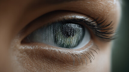 Close up human eye with digital code reflection, technology concept, futuristic, cybernetic, innovation, artificial intelligence