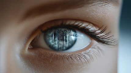 Close up of human eye with digital code reflection, technology and cyber concept, futuristic and focused emotion