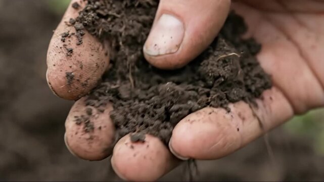 Rich dark soil in hand, organic gardening concept.