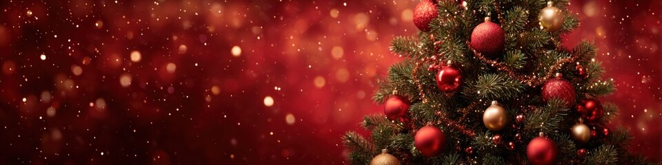 A festive Christmas tree adorned with ornaments stands against a shimmering red background, evoking a warm holiday spirit.