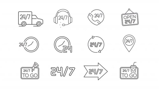 24-7 hour service line animation set. Customer support animated icons. Business availability, delivery transport. Technical help. Outline elements on white background. HD video with alpha channel