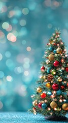Obraz premium A beautifully decorated Christmas tree glimmers with colorful ornaments against a sparkling blue background, evoking a festive atmosphere.