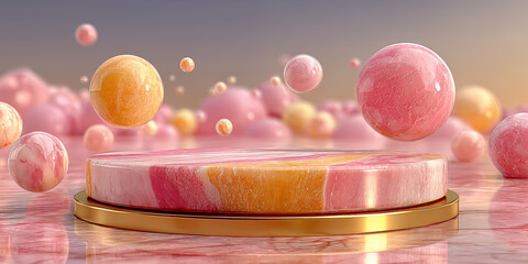Abstract luxury 3D scene featuring a round marble podium in soft pink and peach tones, surrounded by floating glossy spheres. Elegant pastel colors and reflective surfaces create a premium