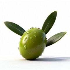 A glossy green olive adorned with water droplets and olive leaves, symbolizing freshness and natural purity. Ideal for health and organic themes.