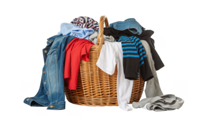 Wicker laundry basket filled with clothes dirty laundry messy isolated on a transparent background
