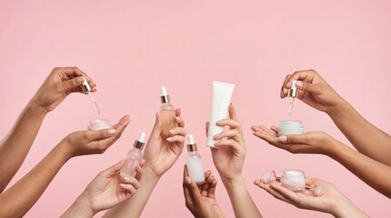 Various hands of women holding beauty products like serum, cream, and facial roller on a soft pink background