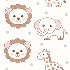 Obraz premium Sweet Safari: A charming pattern of adorable animals is set against a simple background. Perfect for baby products, kid's room decor, and playful design projects. 