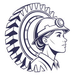 Woman wearing mining helmet reflected on turbine surface