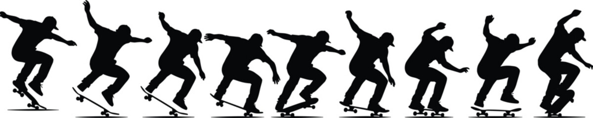 Skateboarder performing ollie trick in motion sequence silhouette style for sports action, youth culture, and urban activity design
