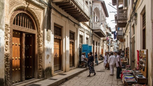 Historic old town of Stone Town showcasing narrow streets, cultural heritage, and traditional Swahili architecture.