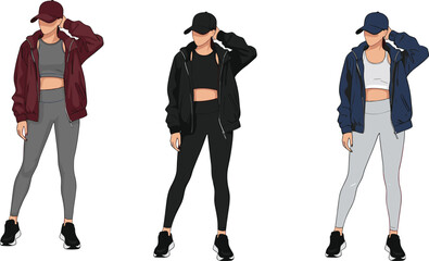 Urban streetwear fashion girls in sporty casual outfits with caps, jackets, leggings, sneakers &ndash; trendy vector illustration for design use