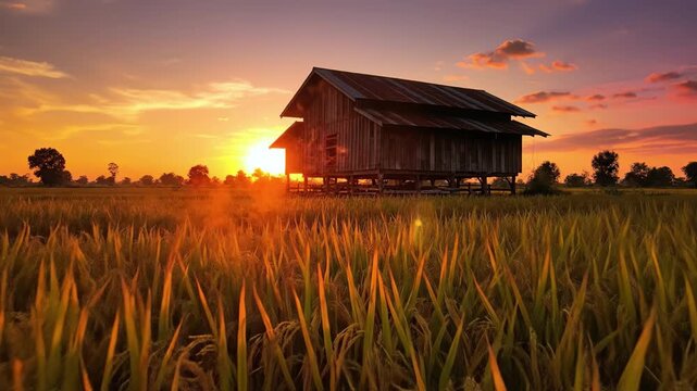 Golden sunrise rural landscape with wooden barn by rice field warm morning light, serene countryside agriculture harvest mood golden rice field rustic wooden house stilts sunset sky, tranquil scene