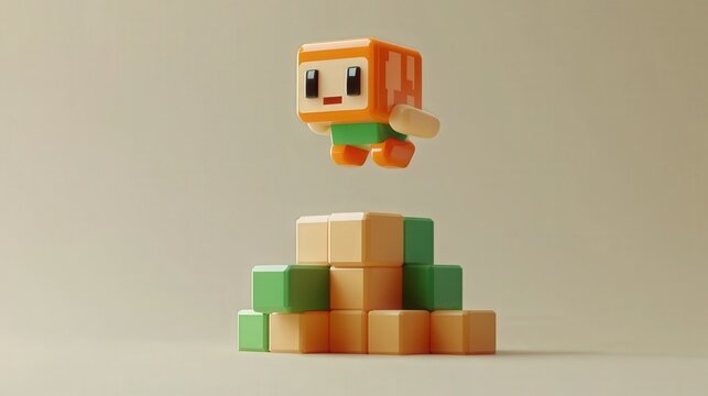 Small bird is perched on top of a stack of cubes.