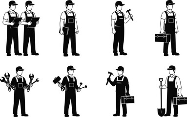 Vector illustration of diverse male workers in overalls holding tools, toolbox, hammer, wrench, clipboard, shovel, pliers, mallet, gear