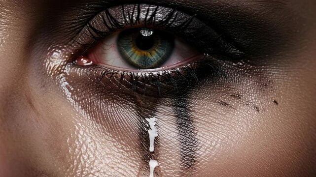 Close-up Macro Shot of a Tearful Eye with Dramatic Black Makeup Streaking Down