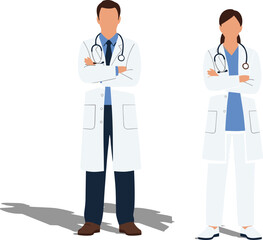 Vector illustration of two confident medical doctors in white coats with stethoscopes, standing side by side on white background.