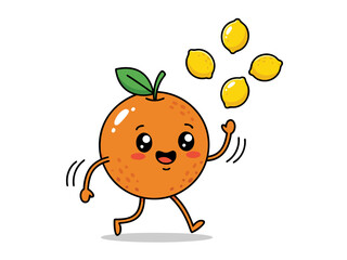 A cute cartoon orange character is joyfully juggling four small lemons in the air.