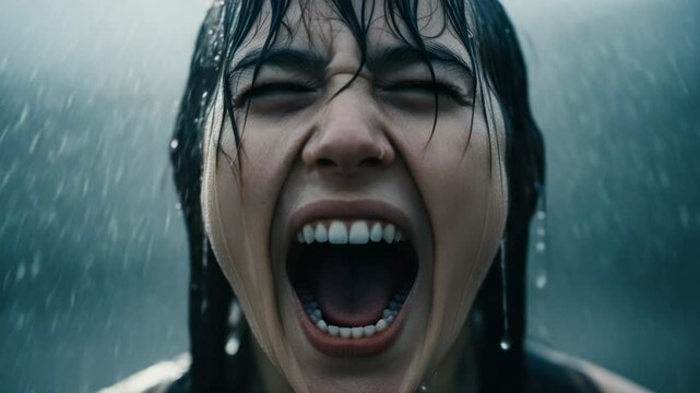 Desperate Woman Screaming In The Rain Experiencing Intense Emotion And Distress