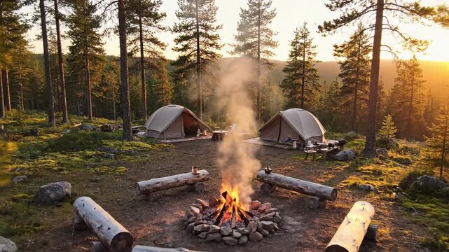 Cozy campfire forest campsite pine tree sunrise light morning mist two tent outdoor gear wooden log stone fire ring wild nature adventure with tranquil mood rustic retreat, wilderness travel