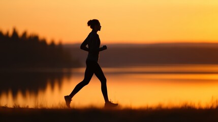 Fototapeta premium A silhouetted runner jogs along a lakeside at sunset, capturing the essence of fitness and tranquility in nature's vibrant colors.