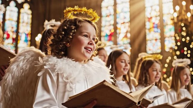 Young girl angel costume singing in childrens choir with stained glass window light