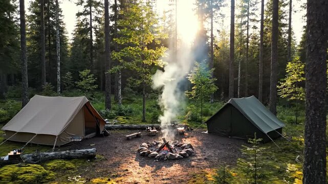 Forest campsite sunrise with pine tree tent and campfire, smoke curling above mossy log peaceful morning light wilderness, two tents by glowing fire tranquil outdoor adventure rustic summer forest