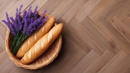 A woven basket contains two baguettes and sprigs of lavender, set against a warm wooden surface, creating a rustic and inviting atmosphere.