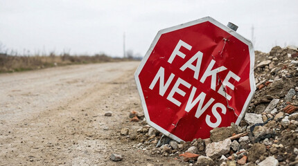 Crumpled Fake News Stop Sign on Rubble Misinformation