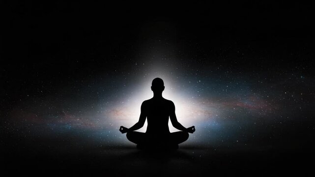 Silhouette of a person meditating in the cosmos with a gentle light emanating from within