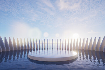 Minimal abstract podium on calm water with geometric architectural frames and soft sunlight, perfect for product display, luxury branding, and modern backgrounds, 3d rendering