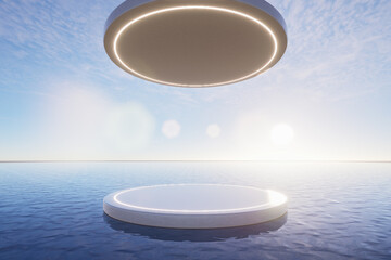 Minimal abstract podium on calm water with geometric architectural frames and soft sunlight, perfect for product display, luxury branding, and modern backgrounds, 3d rendering