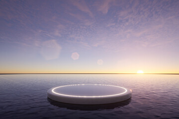 Minimal abstract podium floating on calm water at sunset with geometric structures and warm light, ideal for luxury product display, branding, and modern backgrounds, 3d rendering