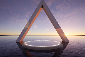 Minimal abstract podium floating on calm water at sunset with geometric structures and warm light, ideal for luxury product display, branding, and modern backgrounds, 3d rendering