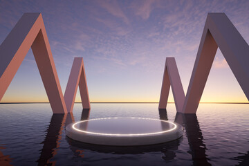 Minimal abstract podium floating on calm water at sunset with geometric structures and warm light, ideal for luxury product display, branding, and modern backgrounds, 3d rendering