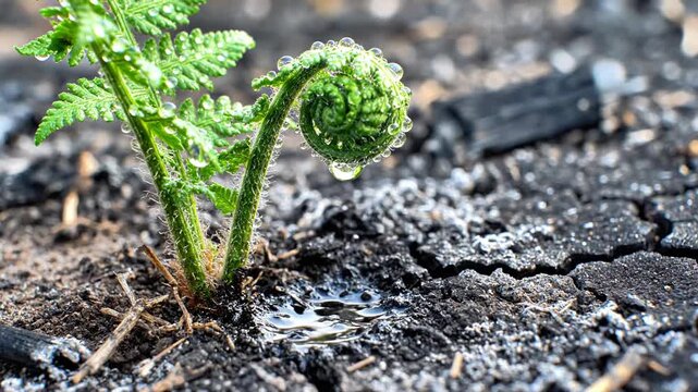 Fiddlehead fern emerging from cracked earth after rain, macro view, resilience in nature