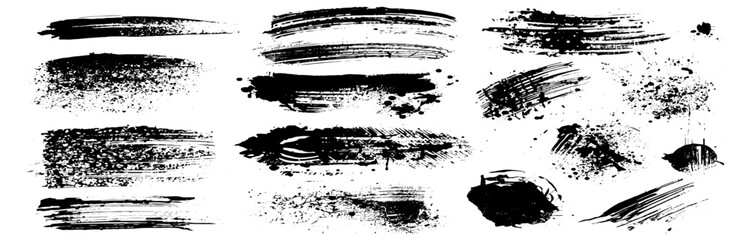 Obraz premium Set of ink splashes black grunge paint brush strokes on a white background. abstract ink textures, rough dry-brush marks, splatters and smudges, hand-painted acrylic and ink style.