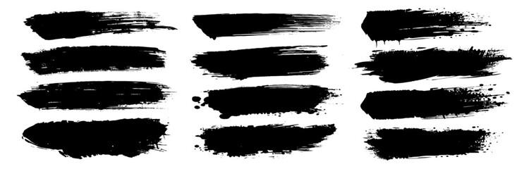 Fototapeta premium Set of ink splashes black grunge paint brush strokes on a white background. abstract ink textures, rough dry-brush marks, splatters and smudges, hand-painted acrylic and ink style.