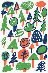 Colorful Handdrawn Forest Trees and Mushrooms Illustration