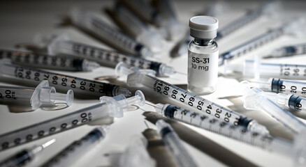 Close up of SS-31 Elamipretide Vial with Single Use Syringes Gauge 31 Around