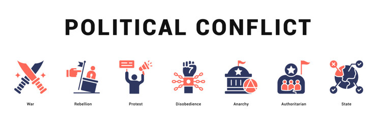 Political Conflict Modern and clean web banner illustration featuring thematic icons for visual communication