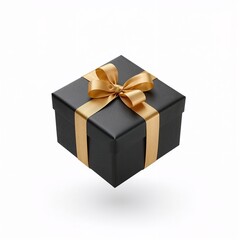 Obraz premium A square, matte black gift box with a luxurious gold ribbon and bow floating on a white background. 
